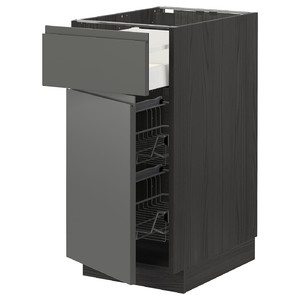 METOD / MAXIMERA Base cab w wire basket/drawer/door, black/Voxtorp dark grey, 40x60 cm