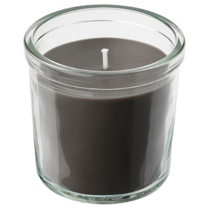 ENSTAKA Scented candle in glass, Bonfire/grey, 20 hr
