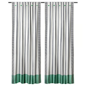 MÄVINN Curtains, 1 pair, black/white/stripe green, 110x250 cm
