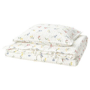 PILDVÄRGMAL Duvet cover and pillowcase, white/floral pattern, 150x200/50x60 cm