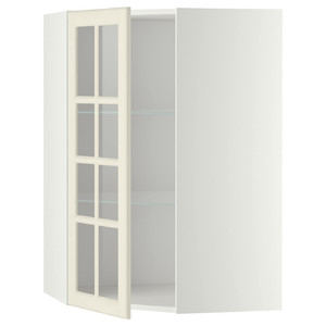 METOD Corner wall cab w shelves/glass dr, white/Bodbyn off-white, 68x100 cm