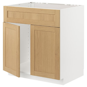 METOD Base cabinet f sink w 2 doors/front, white/Forsbacka oak, 80x60 cm