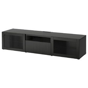 BESTÅ TV bench, black-brown/Lappviken black-brown clear glass, 180x42x39 cm