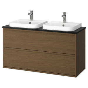 ÄNGSJÖN / BACKSJÖN Wash-stnd w drawers/wash-basin/taps, brown oak effect/black marble effect, 122x49x71 cm