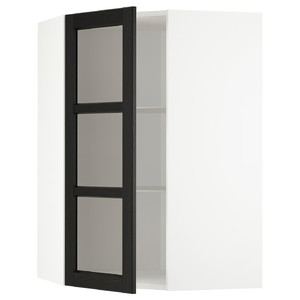 METOD Corner wall cab w shelves/glass dr, white/Lerhyttan black stained, 68x100 cm