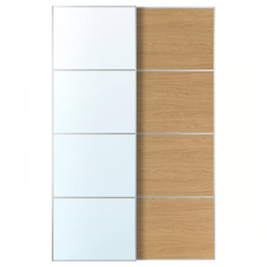 AULI / MEHAMN Pair of sliding doors, aluminium mirror glass/double sided oak effect, 150x236 cm