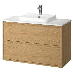 ÄNGSJÖN / BACKSJÖN Wash-stnd w drawers/wash-basin/tap, oak effect/white marble effect, 102x49x71 cm