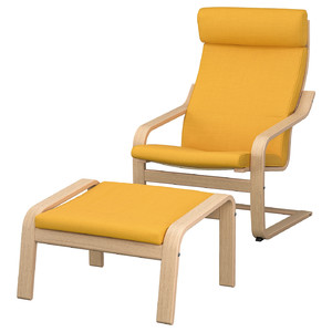 POÄNG Armchair and footstool, white stained oak veneer/Skiftebo yellow
