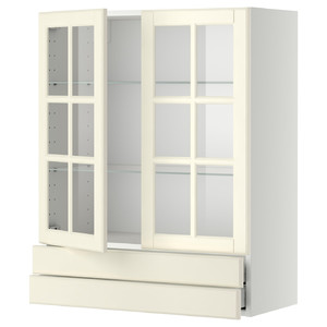 METOD / MAXIMERA Wall cab w 2 glass doors/2 drawers, white/Bodbyn off-white, 80x100 cm