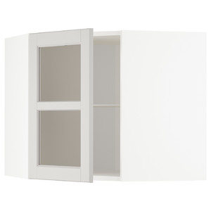 METOD Corner wall cab w shelves/glass dr, white/Lerhyttan light grey, 68x60 cm