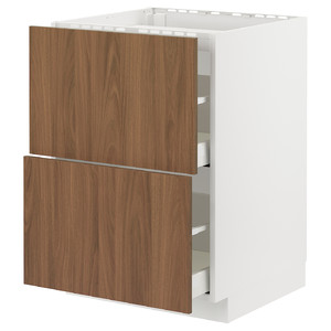 METOD / MAXIMERA Base cab f hob/2 fronts/2 drawers, white/Tistorp brown walnut effect, 60x60 cm