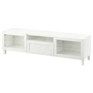 BESTÅ TV bench, white, Hanviken/Stubbarp white clear glass, 180x42x48 cm