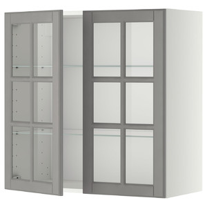 METOD Wall cabinet w shelves/2 glass drs, white/Bodbyn grey, 80x80 cm