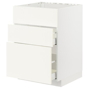 METOD / MAXIMERA Base cab f sink+3 fronts/2 drawers, white/Vallstena white, 60x60 cm