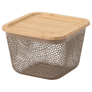IKEA 365+ Food storage basket with lid, square metal/light grey-brown bamboo, 15x15x11 cm