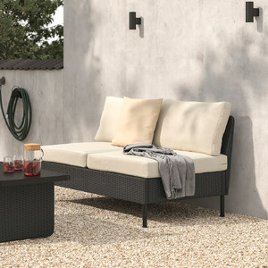 VITTSKÄR 2-seat sofa, outdoor plastic rattan dark grey/Frösön/Duvholmen beige