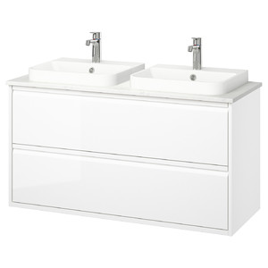 ÄNGSJÖN / BACKSJÖN Wash-stnd w drawers/wash-basin/taps, high-gloss white/white marble effect, 122x49x71 cm