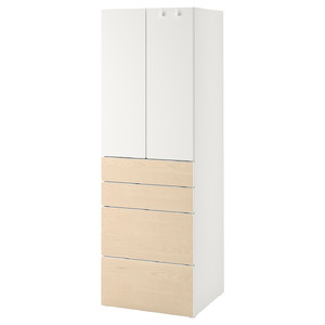 SMÅSTAD / PLATSA Wardrobe, white/birch with 4 drawers, 60x57x181 cm