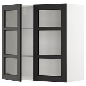 METOD Wall cabinet w shelves/2 glass drs, white/Lerhyttan black stained, 80x80 cm