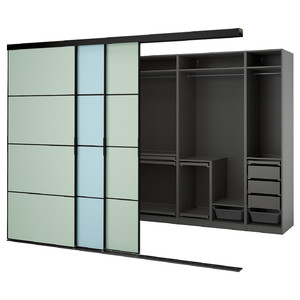 SKYTTA / PAX Walk-in wardrobe with sliding doors, black dark grey/Mehamn light blue/light green, 301x160x240 cm