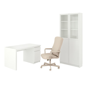 MALM/MILLBERGET / BILLY/OXBERG Desk and storage combination, and swivel chair white/beige