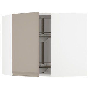 METOD Corner wall cabinet with carousel, white/Upplöv matt dark beige, 68x60 cm