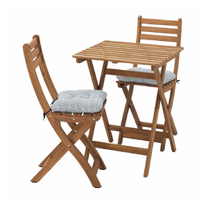ASKHOLMEN Table+2 folding chairs, outdoor, dark brown/Klösan blue, 60x62 cm