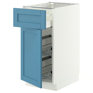 METOD / MAXIMERA Base cab w wire basket/drawer/door, white/Lerhyttan blue, 40x60 cm