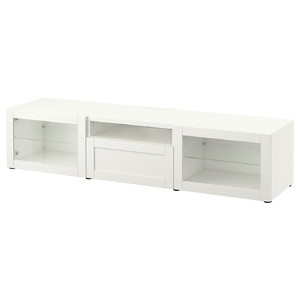 BESTÅ TV bench, white, Hanviken white clear glass, 180x42x39 cm