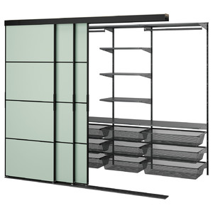 SKYTTA / BOAXEL Walk-in wardrobe with sliding doors, black anthracite/Mehamn light green, 251x115x205 cm