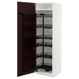 METOD High cabinet with pull-out larder, white Kallarp/high-gloss dark red-brown, 60x60x200 cm
