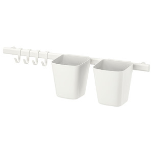 SUNNERSTA Rail with 4 hooks and 2 containers, white