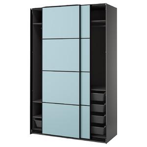 PAX / MEHAMN Wardrobe with sliding doors, dark grey/double sided light blue, 150x66x236 cm