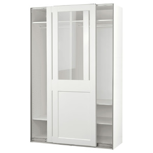 PAX / GRIMO Wardrobe with sliding doors, white/clear glass white, 150x66x236 cm