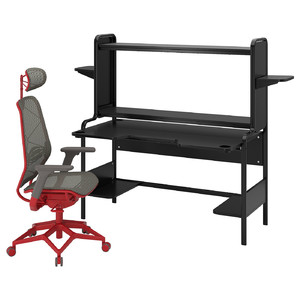 FREDDE / STYRSPEL Gaming desk and chair, black grey/red