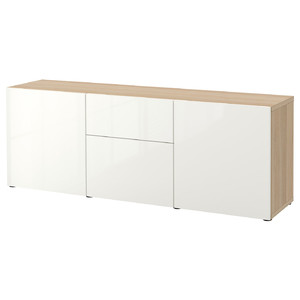BESTÅ Storage combination with drawers, white stained oak effect/Selsviken high-gloss/white, 180x42x65 cm