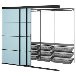 SKYTTA / BOAXEL Walk-in wardrobe with sliding doors, black metal/Mehamn light blue, 251x115x205 cm
