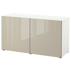 BESTÅ Storage combination with doors, white, Selsviken high-gloss/beige, 120x42x65 cm