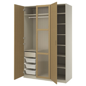 PAX / TONSTAD Wardrobe combination, grey-beige/oak veneer glass, 150x60x236 cm
