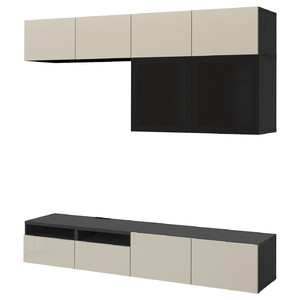 BESTÅ TV storage combination/glass doors, black-brown/Selsviken high-gloss/beige smoked glass, 240x42x231 cm