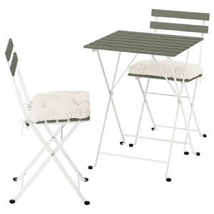 TÄRNÖ Table+2 chairs, outdoor, white/green foldable/foldable Kuddarna light grey-beige, 55x54 cm