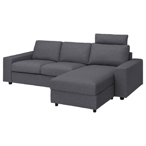 VIMLE 3-seat sofa with chaise longue, with headrest with wide armrests/Gunnared medium grey