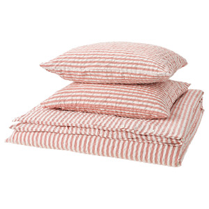 SMÅNUNNEÖRT Duvet cover and 2 pillowcases, red-brown white/striped, 200x200/50x60 cm