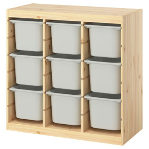 TROFAST Storage combination with boxes, room divider/light white stained pine grey, 93x44x91 cm