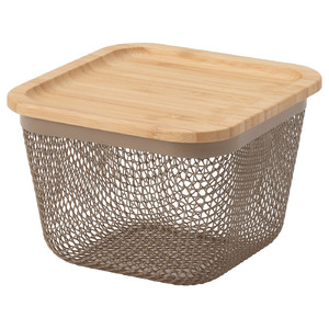 IKEA 365+ Food storage basket with lid, square metal/light grey-brown bamboo, 15x15x11 cm