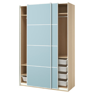 PAX / MEHAMN Wardrobe with sliding doors, white stained oak effect/double sided light blue, 150x66x236 cm
