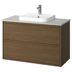 ÄNGSJÖN / BACKSJÖN Wash-stnd w drawers/wash-basin/tap, brown oak effect/grey stone effect, 102x49x71 cm