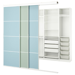 SKYTTA / PAX Walk-in wardrobe with sliding doors, white double sided/Mehamn light blue/light green, 251x115x240 cm