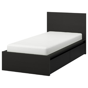 MALM Bed frame, high, w 2 storage boxes, black-brown, Luröy, 90x200 cm