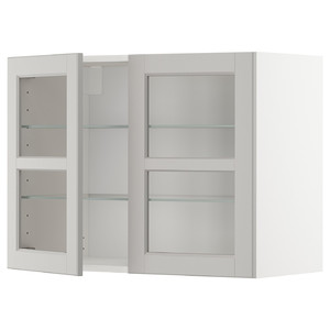 METOD Wall cabinet w shelves/2 glass drs, white/Lerhyttan light grey, 80x60 cm